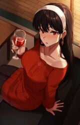 1girls :o absurdres alcohol arm_support black_hair black_pantyhose blush collarbone couch cup drinking_glass drunk earrings female from_above glass hairband hand_up highres holding holding_cup indoors jewelry long_hair long_sleeves nasubin_(nasubisamurai15) pantyhose red_sweater revision single_bare_shoulder solo spy_x_family sweater table white_hairband wine wine_glass wooden_floor yor_briar yor_forger