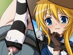 animated blonde_hair blue_eyes blush character_request clothed_female cum feet female femdom foot_fetish footjob gif gloves kate_sai lying_down male penis striped_legwear striped_stockings toes