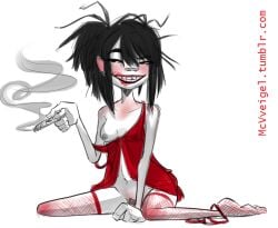 adult_female cigar cute_female fishnets gorillaz mcvveigel no_visible_genitalia noodle_(gorillaz) pubic_hair shit_eating_grin skimpy_clothes small_breasts smeared_lipstick