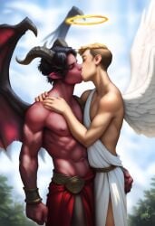 2024 2boys abs ai_generated angel angel_boy angel_wings avaru biceps black_hair blonde_hair closed_eyes couple dark_hair demon demon_boy demon_horns demon_humanoid demon_wings duo duo_focus freckles gay gay_kissing hair halo horn horns human humanoid incubus kissing light-skinned_male light_skin lips male male/male male_focus male_only muscular muscular_male navel nipples pecs pointy_ears red-skinned_male red_skin skinny tagme tan-skinned_male tan_skin toga toned toned_male vein wings yaoi