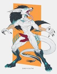 2_penises 4_eyes angry animal_genitalia animal_penis anthro athletic athletic_anthro athletic_male bandage bandaged_arm biceps black_hair blue_eyes branch canid canine canine_genitalia canine_penis canis claws diphallia diphallism dragon dreycothewyrm erection fangs genitals hair hi_res hybrid hynvale_navayaghale_(hynvale) long_ears long_hair looking_at_viewer male mammal markings multi_eye multi_genitalia multi_penis muscular muscular_male muscular_thighs mythological_creature mythological_scalie mythology penis pose red_penis scales scalie simple_background sketchy smile solo spikes spikes_(anatomy) tail teeth thorns tongue tongue_out vein white_body wolf