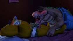 3d 3d_(artwork) anthro bed bedroom blush blushing commissioner_upload crash_(series) crash_bandicoot_(series) crocodile crocodilian dingo dingodile gay gay_sex lewdview male male/male male_only source_filmmaker tasmanian_tiger thylacine tiny_tiger