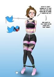 ball_gag bondage bound cant1ndausername collar crotch_rope english_text female femsub fully_clothed gag glasses hobbled leash leash_pull rope short_hair sports_bra standing text tight_clothing twitter twitter_bird