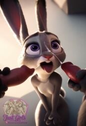 3d ai_generated cum cum_in_face cum_in_mouth cum_in_tongue cumshot dog_penis double_blowjob judy_hopps licking licking_penis precum precum_drip saliva small small_breasts zootopia