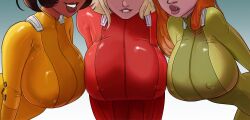 3girls alex_(totally_spies) alternate_version_available artfoo_1 bending_forward bending_over bent_over big_breasts biting_lip blonde_hair bodysuit breast_on_breasts breast_squish breasts brown_hair chocolate_and_vanilla clover_(totally_spies) dark-skinned_female ear_piercing earrings erect_nipples erect_nipples_under_clothes eyes_out_of_frame female female_only ginger hands_on_knees hanging_breasts huge_breasts large_breasts latex licking licking_lips light-skinned_female long_hair looking_at_viewer multiple_girls nipples nipples_visible_through_clothing orange_hair presenting sam_(totally_spies) short_hair smile tongue_out top_heavy totally_spies upper_body