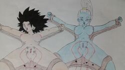 2girls angel_(dragon_ball) black_eyes black_hair breasts caulifla dragon_ball dragon_ball_super drawn female kohmaxii light-skinned_female light_skin long_hair multiple_girls saiyan spiky_hair universe_6 universe_6/universe_7 vados