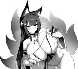 amagi_(azur_lane) amagi_(cv)_(azur_lane) amagi_(wending_waters_serene_lotus)_(azur_lane) animal_ears azur_lane azur_lane:_slow_ahead bare_shoulders blush breasts choker collarbone female fox_ears fox_girl fox_tail greyscale hands_up highres hikimayu hori_(hori_no_su) huge_breasts monochrome navel official_alternate_costume official_art parted_lips solo stomach tail undersized_clothes