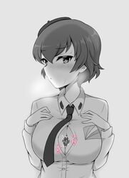 1boy anzio_school_uniform arcadia_1342 blush breasts caesar_(girls_und_panzer) cum cum_on_breasts female girls_und_panzer greyscale large_breasts necktie paizuri short_hair simple_background sweat