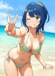 ass_visible_through_thighs bare_arms bare_belly bare_legs bare_shoulders bare_thighs beach belly_button big_breasts bikini blue_eyes blue_hair blue_nails blush bracelet breasts cleavage collarbone licking_own_lips make_heroine_ga_oo_sugiru! medium_hair nail_polish ocean one_eye_closed outdoors peace_sign ponytail shiny_skin side-tie_bikini_bottom sideboob smile takenoko_no_you thighs tongue wink yanami_anna