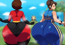 2girls ass big_ass blush breasts chun-li chun-li_(fortnite) creamy_lemon_pie curvy curvy_figure dumptruck_ass elastigirl elastigirl_(fortnite) female female/female female_focus female_only fortnite helen_parr helen_parr_(fortnite) huge_ass huge_butt large_ass looking_at_viewer looking_back milf mother rear_view small_waist street_fighter the_incredibles thick_thighs voluptuous voluptuous_female wide_hips