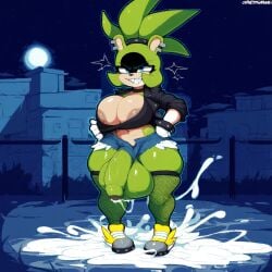 ai_generated choker cum cum_on_ground cum_puddle ear_piercing excessive_cum fishnets flaccid flaccid_penis futanari green_body jacket night outside piercing public sharp_teeth shorts solo_futa sonic_(series) sonic_the_hedgehog_(idw) surge_the_tenrec