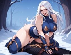 ai_generated ashe_(league_of_legends) balecxi cowgirl_position cunnilingus facesitting large_breasts league_of_legends outdoors riding silver_hair snow white_hair winter