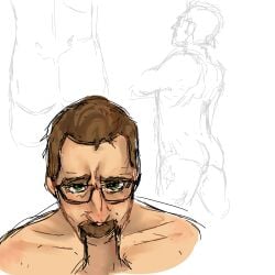 2boys blowjob blush colored_sketch fellatio gay gay_blowjob gordon_freeman green_eyes half-life half-life_2 looking_at_viewer looking_up multiple_poses nervous offscreen_character offscreen_male sketch