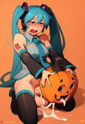 ai_generated black_legwear black_stockings blue_eyes blue_hair blush cum cum_inside cumdrip ejaculation embarrassed futa_only futanari halloween hatsune_miku improvised_sex_toy kneeling legwear necktie open_mouth pumpkin pumpkin_masturbation shirt solo solo_focus solo_futa stockings testicles thighhighs twintails vocaloid