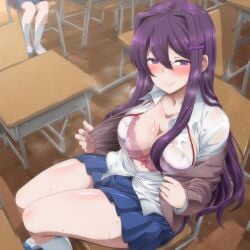 1girls ai_generated bra breasts doki_doki_literature_club female female_focus huge_breasts large_breasts light-skinned_female looking_at_viewer purple_bra purple_eyes purple_hair school_uniform schoolgirl smiling smiling_at_viewer undressing yuri_(doki_doki_literature_club)