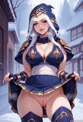 1female 1girls ai_generated ashe_(league_of_legends) balecxi blue_eyes breasts female flashing flashing_pussy hood league_of_legends lifted_by_self outdoors outside parted_lips presenting presenting_pussy pussy riot_games shaved_pussy snow solo solo_female solo_focus steam steamy_breath teasing teasing_viewer thighhighs thighs uncensored upskirt watermark white_hair winter