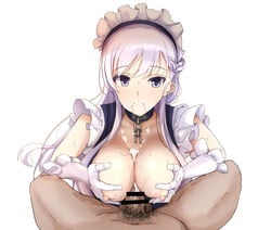 azur_lane bar_censor belfast_(azur_lane) blue_eyes breast_squeeze breasts censored chains cleavage collarbone commentary_request cum cum_on_body cum_on_breasts cum_on_upper_body dark-skinned_male ejaculation eyebrows_visible_through_hair facial female gloves highres large_breasts long_hair looking_at_viewer maid maid_headdress male_pubic_hair paizuri paizuri_under_clothes penis pov pubic_hair rikudou_inuhiko silver_hair smile solo solo_focus