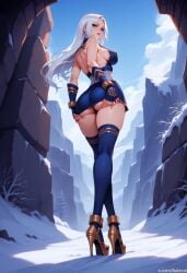 1female 1girls ai_generated ashe_(league_of_legends) balecxi big_breasts blue_eyes breasts female from_below hands_on_own_ass high_heels hood large_breasts league_of_legends looking_at_viewer looking_back outdoors outside riot_games skirt snow solo solo_female solo_focus watermark white_hair winter