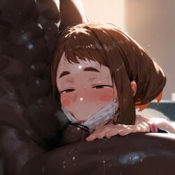 1boy 1girls ai_generated big_penis blowjob blowjob_with_facemask boku_no_hero_academia brainwashing brown_eyes brunette_hair dark-skinned_male dark_skin huge_cock interracial light-skinned_female light_skin mask muscular_male my_hero_academia ochako_uraraka oiled_body oiled_skin oral_sex penis short_hair shounen_jump squatting sweat sweatdrop uncle_illustration voluptuous voluptuous_female