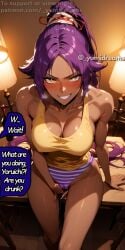 1girls _yumidreams ai_generated athletic bare_shoulders bleach comic dark-skinned_female dark_skin female_masturbation fingering indoors long_hair medium_breasts muscular_female neckline ponytail purple_hair shihouin_yoruichi shimapan sitting smirk solo_female speech_bubble striped striped_panties watermark yellow_eyes yellow_shirt