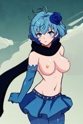 ai_generated blue_eyes blue_hair blush drag-on_dragoon_3 drakengard_3 female looking_at_viewer nipples pantyhose pink_nipples pussy short_hair topless two_(drag-on_dragoon) two_(drakengard)