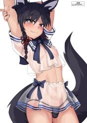 1boy 2024 arm_behind_head arms_up black_hair blush braid bulge commission femboy fox_boy fox_ears fox_tail girly heterochromia hi_res jackrockhardt light-skinned_female light_skin looking_at_viewer male male_only purple_eyes ribbon ribbons sailor_uniform see-through see-through_clothing smiling smiling_at_viewer smug solo stretching tail thong white_background yellow_eyes