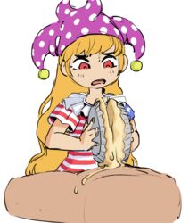 1boy american_flag american_flag_shirt blonde_hair clothes clownpiece dress female handjob hat jester_cap long_hair neck_ruff pie polka_dot red_eyes simple_background touhou very_long_hair