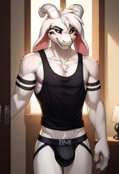 abs ai_generated asriel_dreemurr asriel_dreemurr_(god_form) biceps black_sclera blush furry gay goat_horns jockstrap jockstrap_only looking_at_viewer male male_only muscular muscular_male nipples pecs smile toned_body toned_male twall97 undertale white_pupils