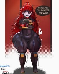 mimi_sentry tf2 team_fortress_2 valve valve_(company) veilzebub thighs thighhighs thigh_highs thighs_bigger_than_head thighs_together thighs_focus thighs_large large_thighs big_thighs huge_thighs female female_only female_robot robot robot_girl arms_crossed long_hair red_hair big_ass huge_ass butt big_butt huge_butt dialogue dialog dialogue_bubble solo solo_female female_focus