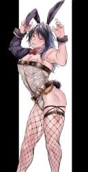 1boy belt black_hair bowtie bunny_ears bunny_tail bunnysuit chains collar cosplay crossdressing demon_slayer femboy fishnets garter kimetsu_no_yaiba leather long_hair looking_embarrased male_only muscular_femboy muscular_male sexy_pose slutty_outfit tail thighhighs tomioka_giyuu yaoi