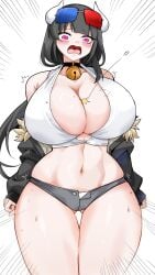 1girls 3d_glasses bell bell_collar black_hair breasts button_down_shirt button_pop cleavage collar cow_horns female female_focus female_only freedom_(artist) hips howcow howcow_(vtuber) inconvenient_breasts indie_virtual_youtuber large_breasts midriff pink_eyes revealing_clothes short_shorts shorts skimpy_clothes sweat sweatdrop thick_thighs thighs tight_clothing virtual_youtuber vtuber vtuberfanart wardrobe_malfunction