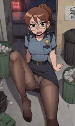 ai_generated ass bigmic145 breasts brown_hair clothed clothed_female clothing earrings feet female female_only foot_fetish glasses high_heels julie_powers looking_at_viewer netflix panties panties_under_pantyhose pantyhose police police_uniform policewoman ponytail scott_pilgrim scott_pilgrim_takes_off skirt solo_female