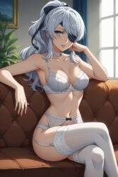 ai_generated blue_eyes blush female female_only looking_at_viewer medium_breasts nier:_automata nier_(series) pale-skinned_female pale_skin panties patch ponytail smile underwear wavy_hair white_hair yorha_no.4