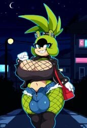 ai_generated bulge bulge_through_clothing clothed clothing ear_piercing fishnet_clothing fishnet_legwear fishnet_shirt fishnets futanari green_body looking_at_viewer night outside piercing public purse sharp_teeth solo solo_futa sonic_(series) sonic_the_hedgehog_(idw) surge_the_tenrec