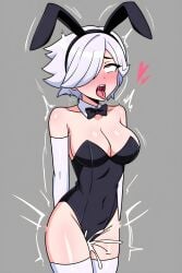 1girls ahe_gao ai_generated animal_ears arms_behind_back armwear bare_shoulders big_breasts blush bowtie brawl_stars cleavage colette_(brawl_stars) female female_ejaculation female_only hair_over_one_eye hairband legwear leotard medium_breasts open_mouth orgasm pink_eyes rolling_eyes saliva shaking shiny_skin short_hair simple_background solo solo_female standing tongue trembling white_hair