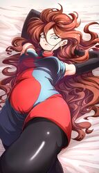 1girls absurdres ahoge android_21 android_21_(human) arm_warmers armpits arms_behind_head arms_up bed bed_sheet big_hair black_legwear blue_eyes breasts brown_hair darjeeling_(reley) dragon_ball dragon_ball_fighterz dress ear_piercing earrings female fully_clothed glasses gynoid half-closed_eyes highres hoop_earrings jewelry laying long_hair looking_at_viewer lying medium_breasts multicolored multicolored_clothes multicolored_dress on_back open_mouth pantyhose piercing red_hair sleeveless sleeveless_dress solo thick_thighs thighs turtleneck_dress very_long_hair