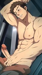 1boy bara blush brown_eyes brown_hair earrings erection gundam human male male_focus male_only masturbation mazjojo muscle nipples norba_shino partially_clothed pecs penis shirtless solo sweat uncensored