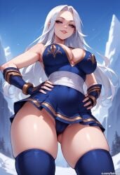 1female 1girls ai_generated ashe_(league_of_legends) balecxi big_breasts blue_eyes breasts cameltoe female from_below hands_on_hips hood large_breasts league_of_legends looking_at_viewer outdoors outside riot_games skirt snow solo solo_female solo_focus thighhighs watermark white_hair winter