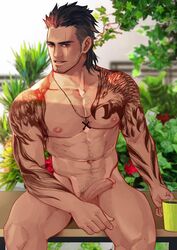 1boy black_hair body_hair final_fantasy final_fantasy_xv gladiolus_amicitia looking_at_viewer male male_only maorenc muscle nipples penis scar smile underwear