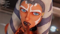 1girls 3d ahsoka_tano airress3d_(3d-modeller) alien alien_girl alien_humanoid angry angry_face blue_eyes collar dark-skinned_male dark_skin female female_focus finger_in_mouth lips orange_body orange_skin restrained self_upload slave slavegirl solo solo_female star_wars submissive submissive_female the_clone_wars:_season_seven typiconart