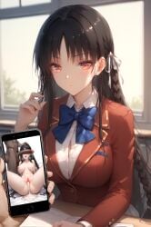 1boy 1girls after_sex ai_generated ayanokouji_kiyotaka classroom_of_the_elite cuckold dark-skinned_male dark_skin female horikita_suzune interracial kiss-shot large_penis penis_over_eyes