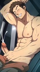 1boy bara blush brown_eyes brown_hair clenched_teeth closed_eyes cum earrings erection gundam human male male_focus male_only masturbation mazjojo muscle nipples norba_shino partially_clothed pecs penis shirtless solo sweat uncensored