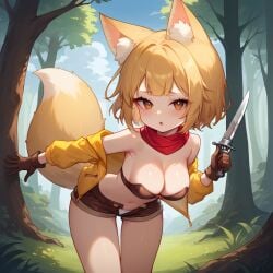 1girls ai_generated anal ass bent_over blonde_hair blush breasts brown_eyes cum flower_fairy forced fox_ears fox_girl fox_tail looking_at_viewer medium_breasts neri_(flower_fairy) nipples sad short_shorts stable_diffusion strapless uwuia white_panties