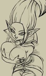 1female 1girls almost_naked big_breasts breast_press breasts_out covering_breasts curvy_figure dr._arinsu dragon_ball dragon_ball_daima hand_bra highres holding_breast looking_at_viewer monochrome open_mouth pointy_ears rings seductive_eyes seductive_look sketch smiling_at_viewer yamamoto_doujin