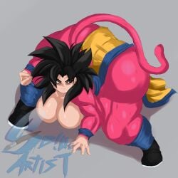 black_hair cel_shading dragon_ball dragon_ball_gt fur gigantic_ass gray_background hair handband looking_at_viewer monkey_girl monkey_tail red_fur revealing_breasts rule_63 shoes snowyblue son_goku super_saiyan_4 tail_markings watermark wild_hair yellow_pupils