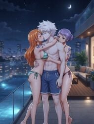 1boy 1boy2girls abs age_difference aged_up ai_generated belly_button big_breasts bikini bikini_top carina_(one_piece) crossover crossover_kiss crossover_pairing crossover_shipping curvy female hunter_x_hunter killua_zoldyck kiss kissing male/female nami_(one_piece) night_sky older_female_and_younger_male one_piece orange_hair pale-skinned_male pirate pool spiky_hair straight tatoo threesome voluptuous_female white_hair