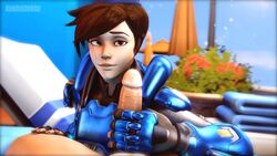 1boy 1girls 3d animated big_penis blizzard_entertainment brown_hair cadet_oxton circumcised female garrison_cap handjob kushishekku male no_sound overwatch source_filmmaker straight tracer video