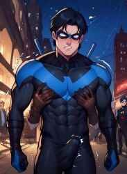 ai_generated bara blush dc dc_comics erect_penis erection erection_under_clothes gay groping groping_from_behind groping_pecs in_public muscles muscular_male nightwing nsfw pecs