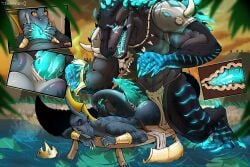 alen'ko anal anal_sex animal_genitalia animal_penis anthro anthro_on_anthro anthro_penetrated anthro_penetrating anthro_penetrating_anthro armor big_penis blue_eyes blue_spikes bodily_fluids bottomwear bottomwear_aside bracers claws clothing clothing_aside crocodilian crown cum cum_in_ass cum_inside duo fellatio fin genital_fluids genitals gold_(metal) gold_bracers gold_jewelry grey_body grey_scales head_fin headgear hi_res hot_dogging internal internal_anal jewelry lizardman lizardman_(warhammer_fantasy) loincloth loincloth_aside lying male male/male male_penetrated male_penetrating male_penetrating_male necklace on_front oral pauldron penetration penile penile_penetration penis penis_in_ass raised_tail reptile scales scalie sex sharp_teeth skink_(warhammer_fantasy) skull_necklace smile spikes tahomich0 tail teeth warhammer_(franchise) warhammer_fantasy