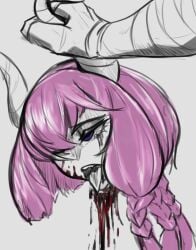 aura_the_guillotine blood bodily_fluids bodyless braided_hair crying decapitation demon digital_media_(artwork) duo female frieren_beyond_journey's_end gore guro hair hi_res horn horn_grab horned_humanoid human humanoid male male/female mammal not_furry purple_eyes purple_hair skarma tears tongue tongue_out